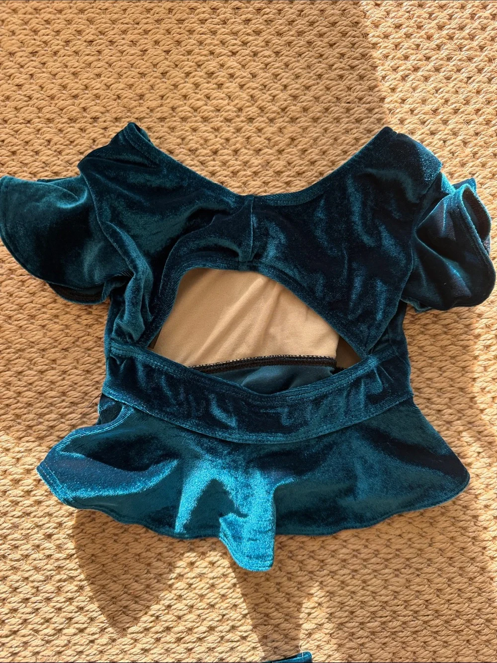 Kandi Kouture Girls Teal Velvet Ruffle Dance Leotard Costume size child small